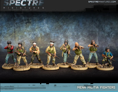 MENA Militia Fighters Spectre Miniatures – 8 figurek bojowników w mieszanych strojach cywilno-wojskowych z AK47, 28mm widok z przodu
