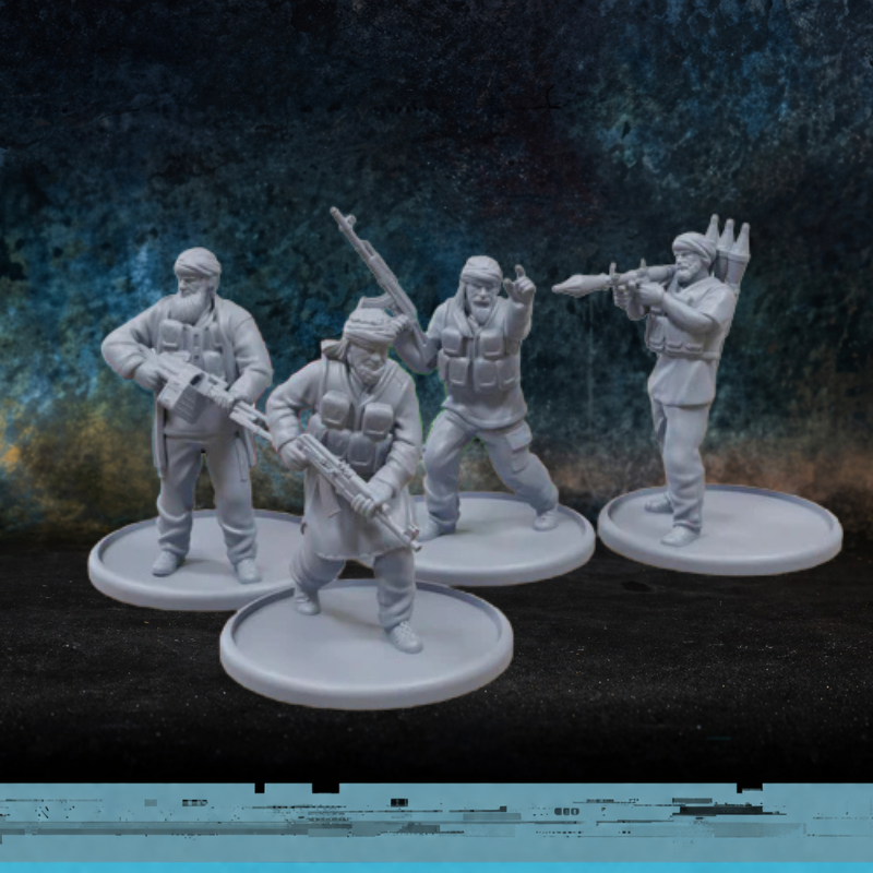 MENA Rebels Squad – 4 figurki rebeliantów bliskowschodnich 28mm, druk 3D żywica, niepomalowane, Spectre Operations Patrick Miniatures
