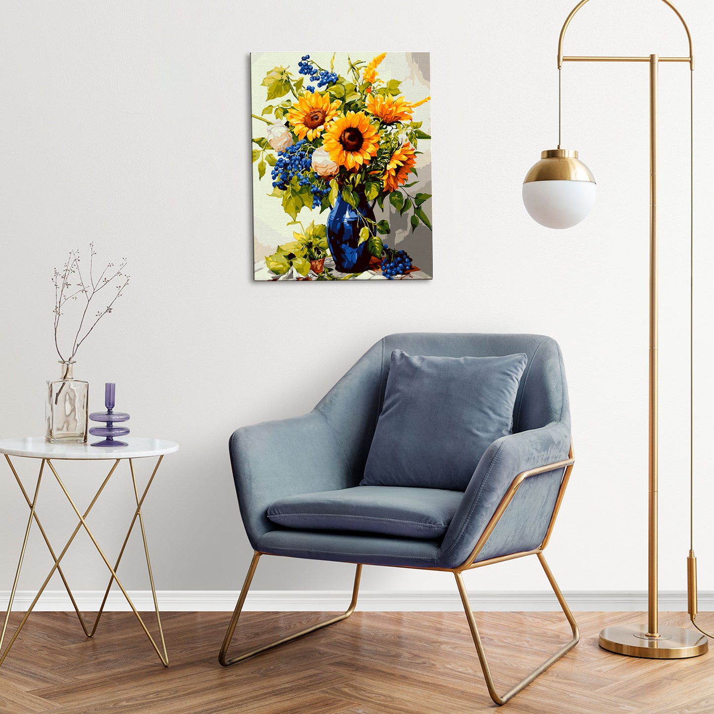 Bukiet Złotych Słoneczników MG2482e - obraz malowanie po numerach 40x50 cm powieszony na ścianie w salonie - Värvikas Premium
