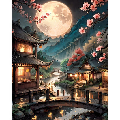 Dolina Orientalna MG2487e - wzór referencyjny malowanie po numerach 40x50 cm japońska wioska noc księżyc wiśnie - Värvikas Premium