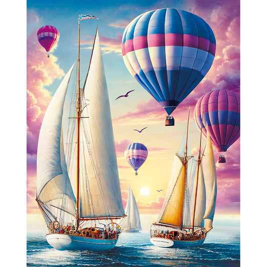Podróżnicy Świtu MG2495e - wzór referencyjny malowanie po numerach 40x50 cm żaglowce balony wschód słońca morze - Värvikas Premium

