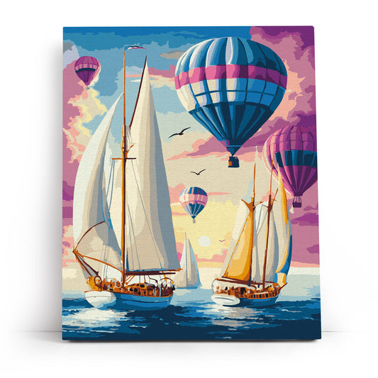 Podróżnicy Świtu MG2495e - ukończony obraz akrylowy na płótnie 40x50 cm żaglowce balony różowo-fioletowe niebo - Värvikas

