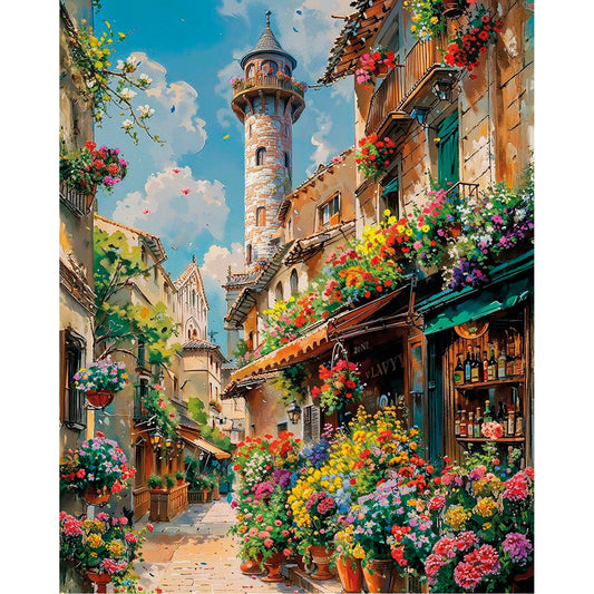 Kwitnąca Ulica MG2509e - wzór referencyjny malowanie po numerach 40x50 cm śródziemnomorska uliczka kwiaty wieża - Värvikas Premium
