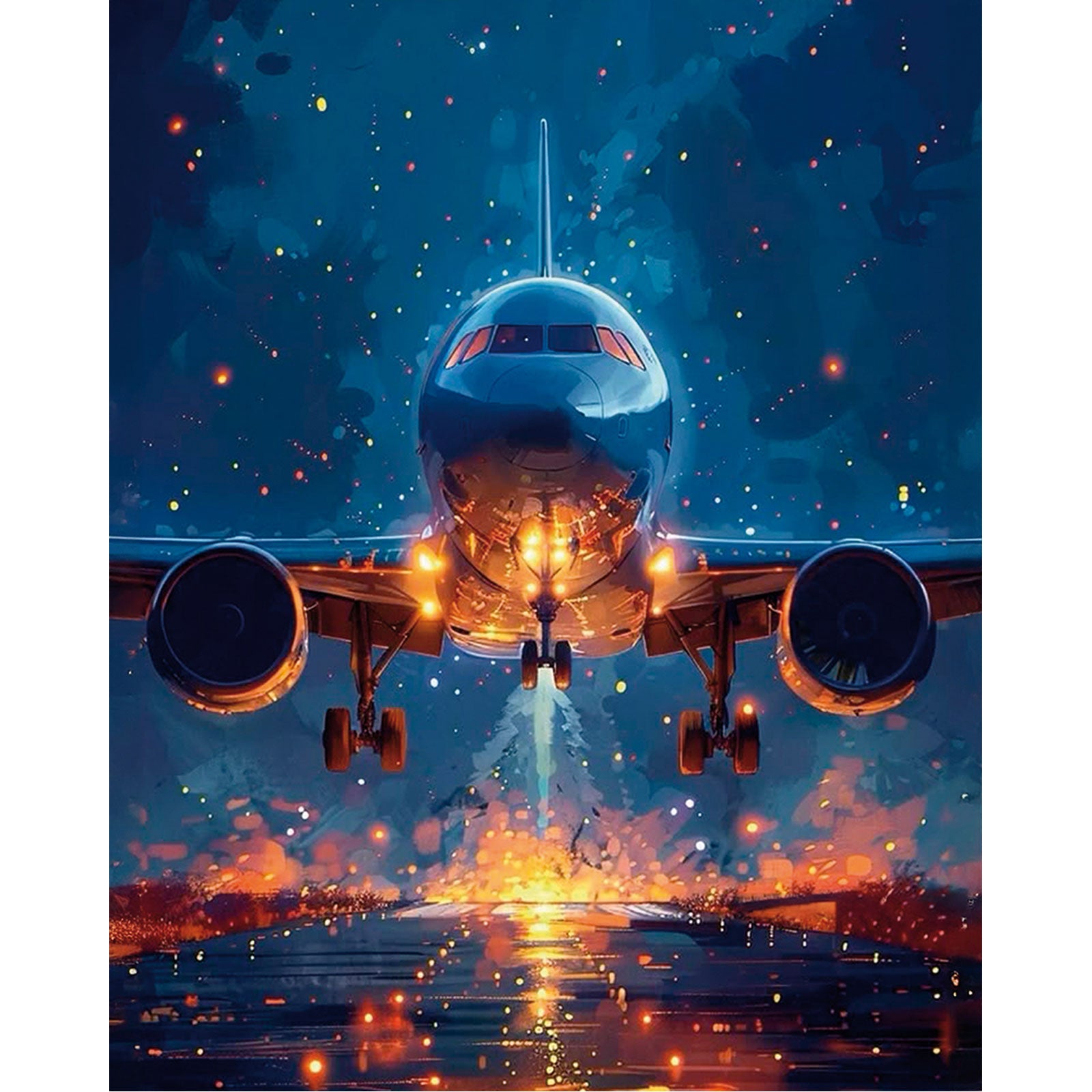 Lot w Niebo MG2513e - wzór referencyjny malowanie po numerach 40x50 cm samolot startujący nocą granatowe niebo złote światła - Värvikas Premium
