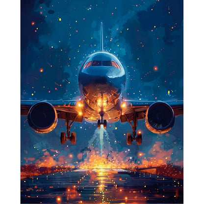 Lot w Niebo MG2513e - wzór referencyjny malowanie po numerach 40x50 cm samolot startujący nocą granatowe niebo złote światła - Värvikas Premium
