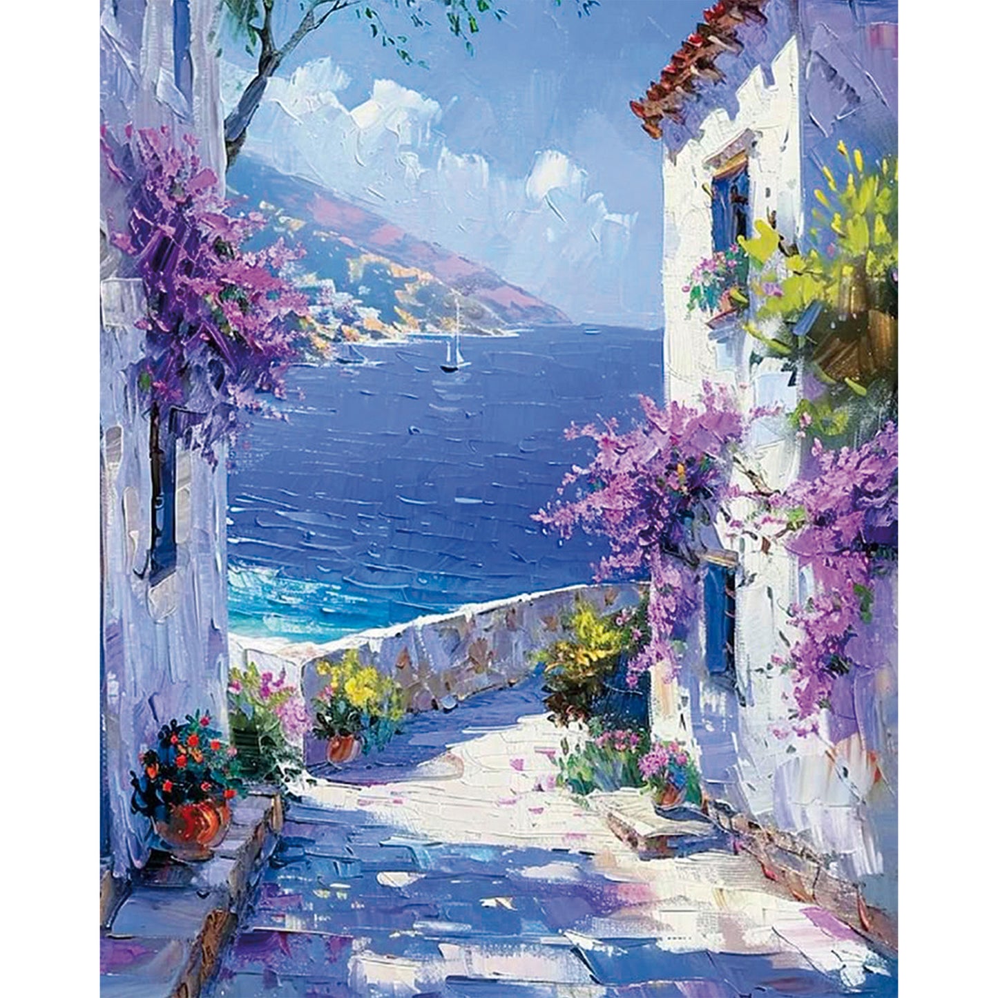 Śródziemnomorski Sen MG2514e - wzór referencyjny malowanie po numerach 40x50 cm śródziemnomorska uliczka bugenwilla morze - Värvikas Premium
