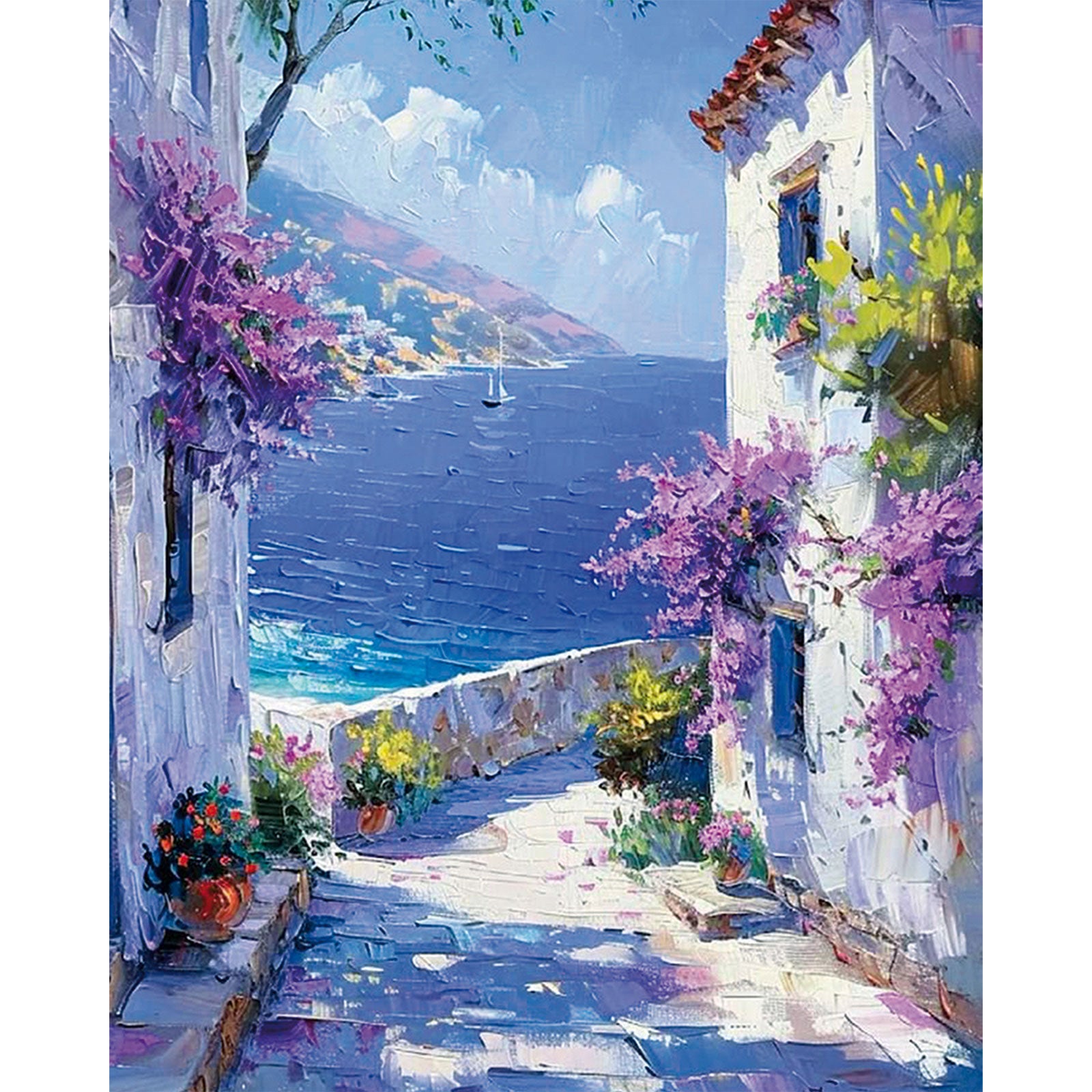 Śródziemnomorski Sen MG2514e - wzór referencyjny malowanie po numerach 40x50 cm śródziemnomorska uliczka bugenwilla morze - Värvikas Premium
