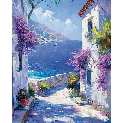 Śródziemnomorski Sen MG2514e - wzór referencyjny malowanie po numerach 40x50 cm śródziemnomorska uliczka bugenwilla morze - Värvikas Premium
