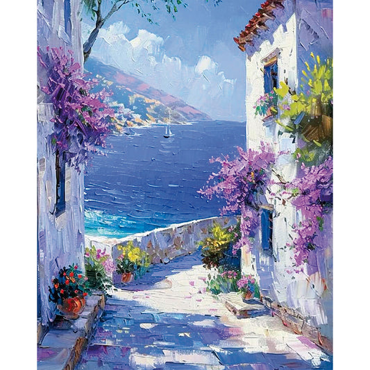 Śródziemnomorski Sen MG2514e - wzór referencyjny malowanie po numerach 40x50 cm śródziemnomorska uliczka bugenwilla morze - Värvikas Premium

