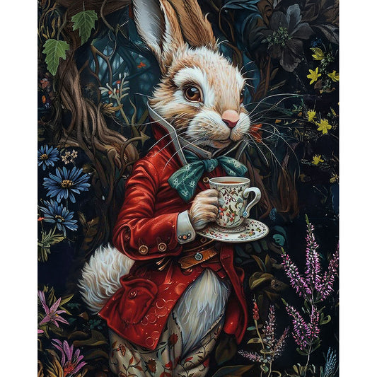 Królik w Krainie Czarów MG2517e - wzór referencyjny malowanie po numerach 40x50 cm biały królik czerwony frak filiżanka herbaty mroczny ogród - Värvikas Premium
