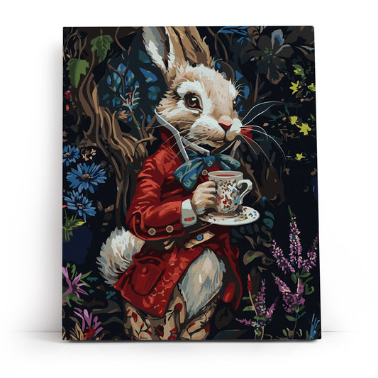 Królik w Krainie Czarów MG2517e - ukończony obraz akrylowy na płótnie 40x50 cm biały królik czerwony frak kwiaty ciemne tło - Värvikas
