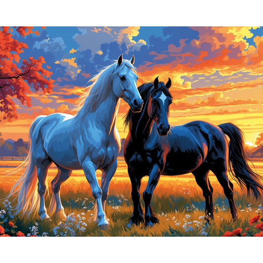 Ogierzy o Zachodzie Słońca MG2534e - wzór referencyjny malowanie po numerach 40x50 cm biały i czarny koń płonący zachód słońca łąka kwiaty - Värvikas Premium
