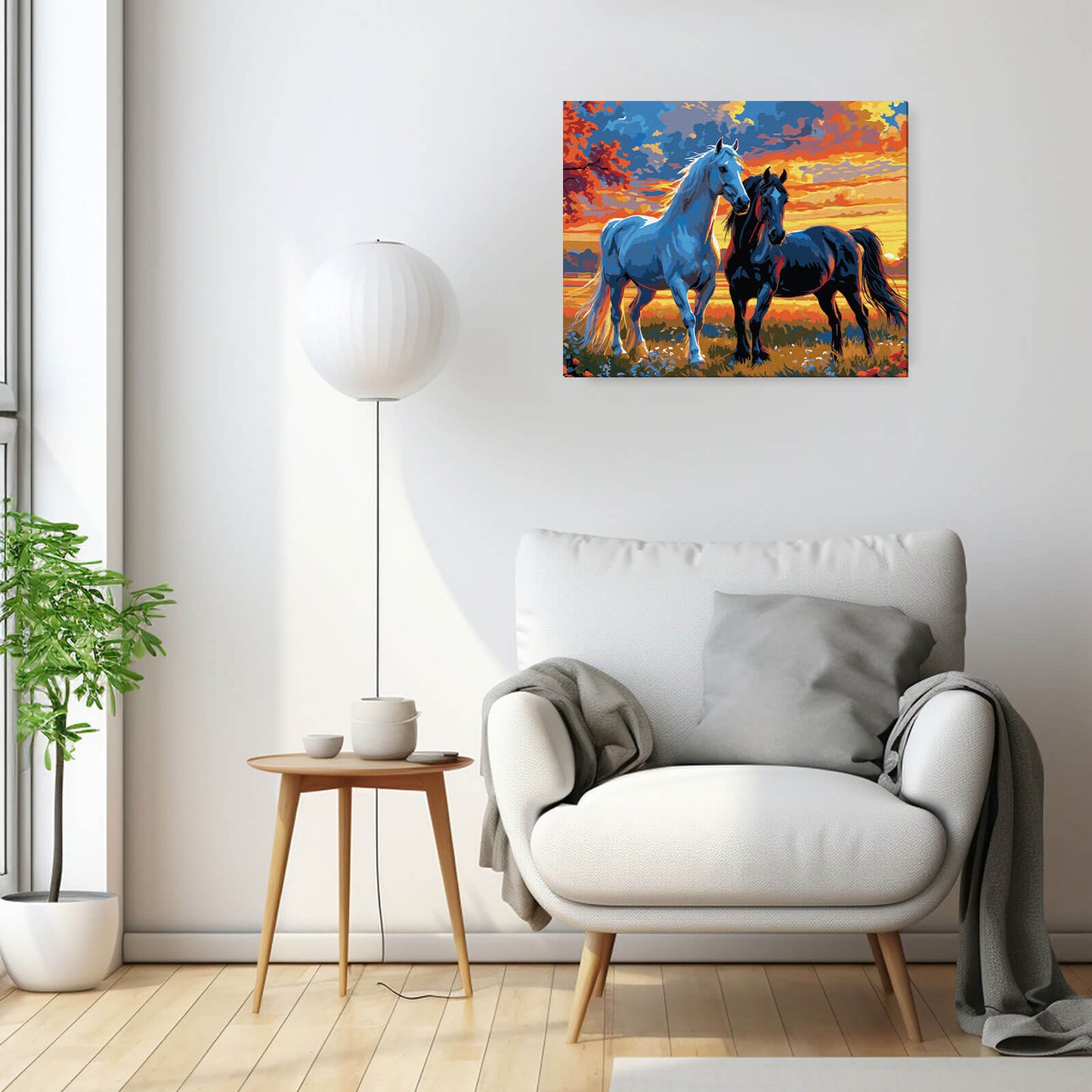 Ogierzy o Zachodzie Słońca MG2534e - obraz malowanie po numerach 40x50 cm powieszony na ścianie w salonie - Värvikas Premium
