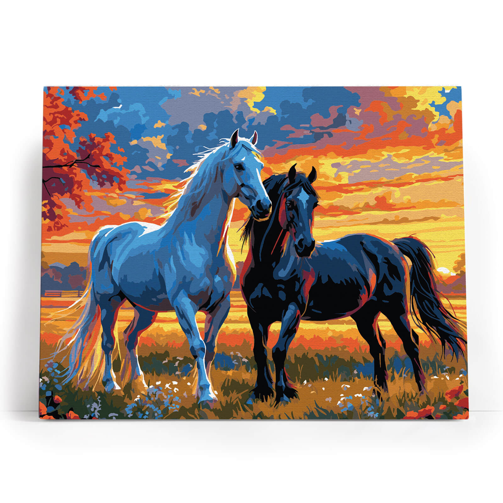 Ogierzy o Zachodzie Słońca MG2534e - ukończony obraz akrylowy na płótnie 40x50 cm dwa konie zachód słońca jesienne drzewa - Värvikas
