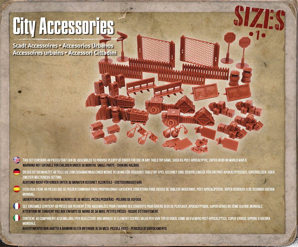 Terrain Crate City Accessories Mantic Games – zawartość zestawu, 48 elementów plastik 28mm
