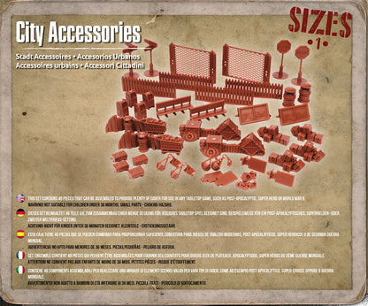 Terrain Crate City Accessories Mantic Games – zawartość zestawu, 48 elementów plastik 28mm
