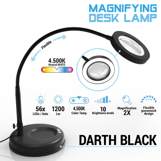 Magnifying Desk Lamp Darth Black 5594 – Green Stuff World – lampa powiększająca LED 2x, 56 LED, 1200lm, 4500K, elastyczne ramię 49,5cm