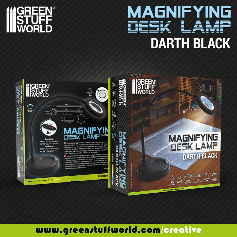 Magnifying Desk Lamp Darth Black 5594 – Green Stuff World – opakowanie produktu, widok przodu i tyłu pudełka