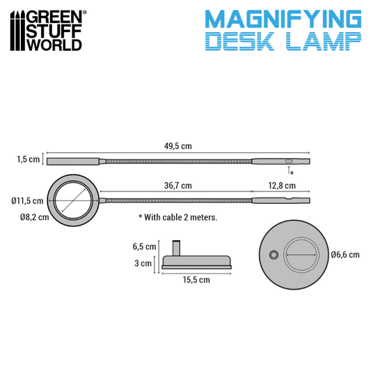 Magnifying Desk Lamp Darth Black 5594 – Green Stuff World – schemat wymiarów: ramię 49,5cm, soczewka ø115mm, podstawa ø15,5cm