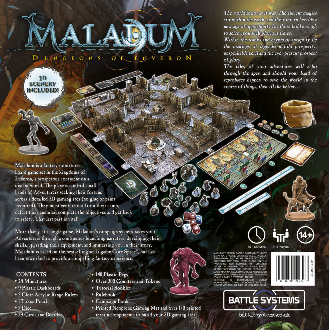 Maladum Dungeons of Enveron – tył pudełka: opis gry, zawartość, 1-4 graczy, 60-120 min, 14+, BSGMDC001
