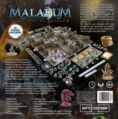 Maladum Dungeons of Enveron – tył pudełka: opis gry, zawartość, 1-4 graczy, 60-120 min, 14+, BSGMDC001
