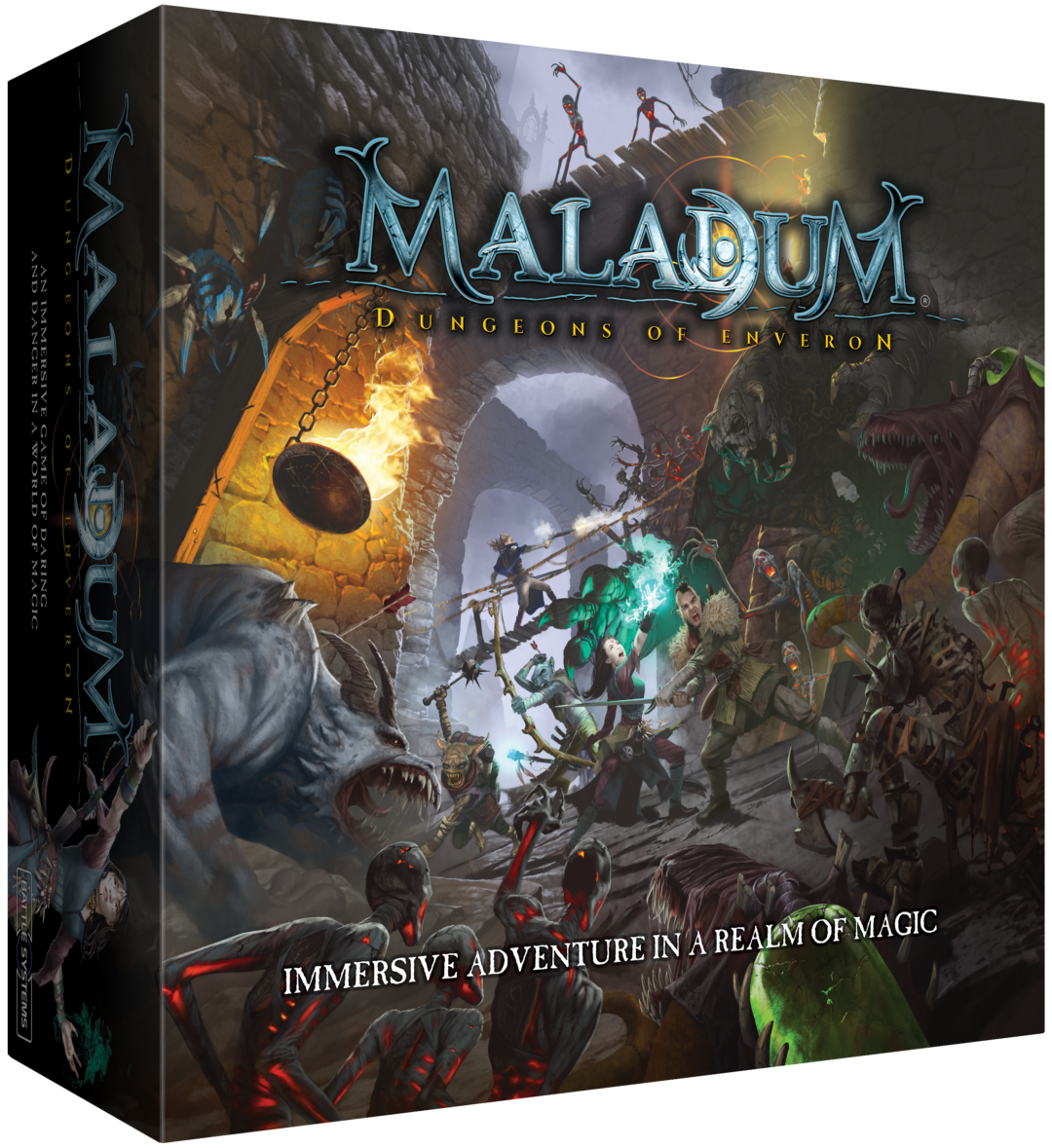 Maladum Dungeons of Enveron – lewa strona pudełka z grafiką Poszukiwaczy walczących z Revenant ami
