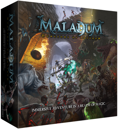 Maladum Dungeons of Enveron – lewa strona pudełka z grafiką Poszukiwaczy walczących z Revenant ami
