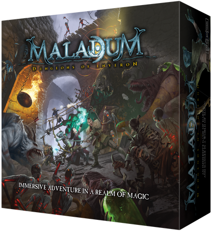Maladum Dungeons of Enveron – prawa strona pudełka z grafiką potworów i Poszukiwaczy w lochach
