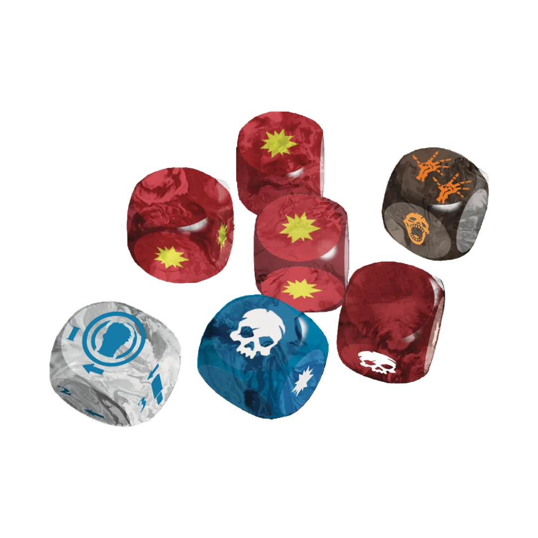 Maladum Dungeons of Enveron Dice – 8 perłowych kości: czerwone Combat Dice, niebieska Combat Die, szara Revenant Die, niebieska Magic Die i Forbidden Magic Die, Battle Systems
