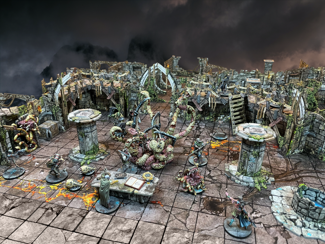 Maladum Oblivion's Maw – panorama areny 3D z The Corrupter Maw pośrodku, Poszukiwaczami i Bestiami na tle apokaliptycznego nieba
