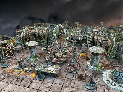Maladum Oblivion's Maw – panorama areny 3D z The Corrupter Maw pośrodku, Poszukiwaczami i Bestiami na tle apokaliptycznego nieba
