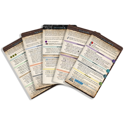Maladum Reference Cards BSGMDA003 Battle Systems - 28 kart rozłożonych wachlarz klasy postaci Deceiver Assassin Contender widok z przodu
