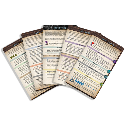 Maladum Reference Cards BSGMDA003 Battle Systems - 28 kart rozłożonych wachlarz klasy postaci Deceiver Assassin Contender widok z przodu
