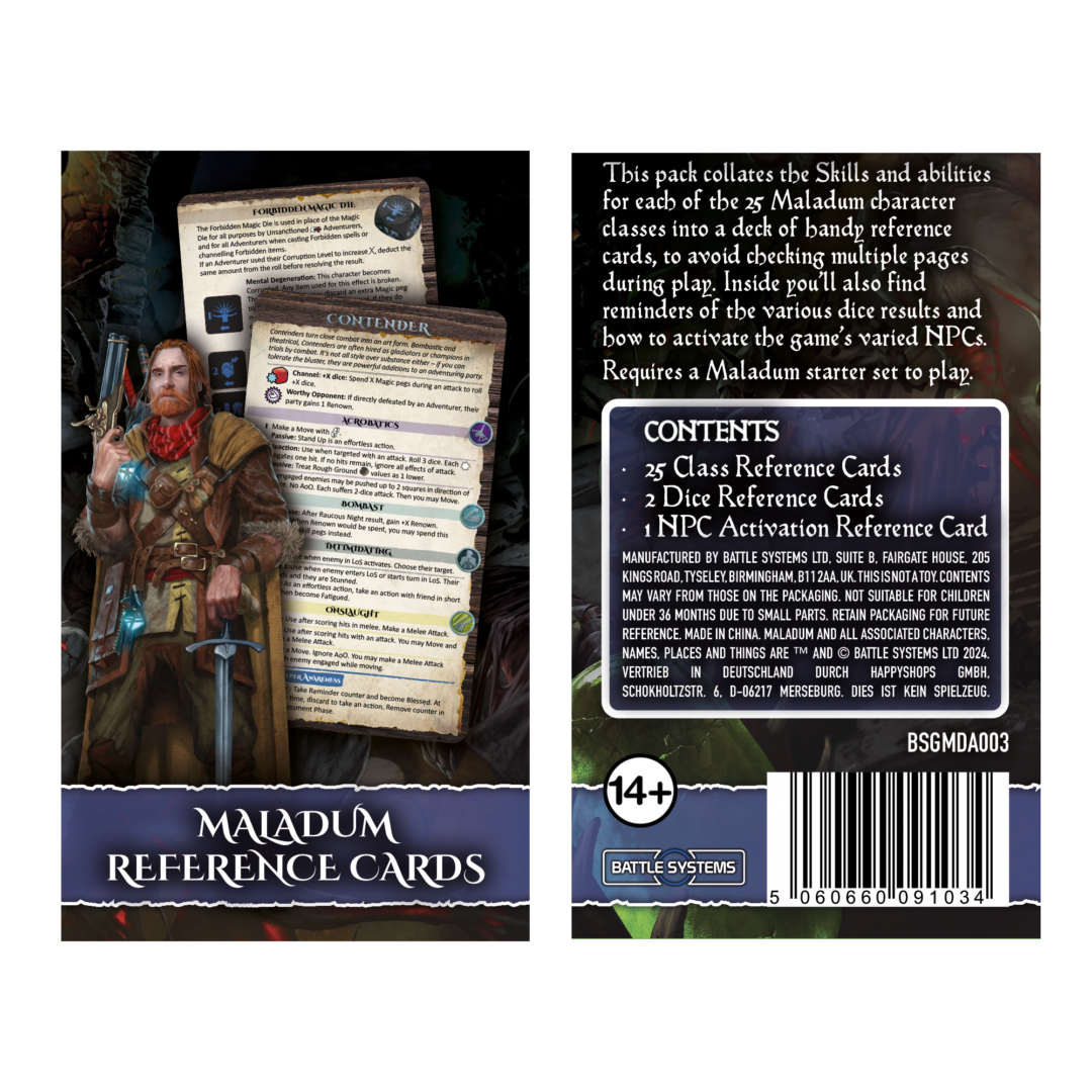 Maladum Reference Cards BSGMDA003 Battle Systems - pudełko przód i tył zawartość zestawu 25 klas 2 kości 1 NPC widok izometryczny białe tło
