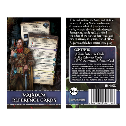 Maladum Reference Cards BSGMDA003 Battle Systems - pudełko przód i tył zawartość zestawu 25 klas 2 kości 1 NPC widok izometryczny białe tło
