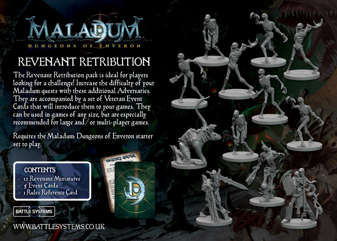 Maladum Revenant Retribution – tył pudełka z opisem zawartości i figurkami Battle Systems

