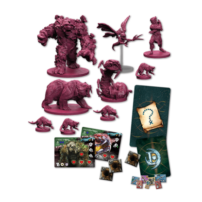Maladum Beasts of Enveron – zawartość zestawu: Crag Troll, Harpy, Bloodwyrm, Cave Bear, Split-Tail Rats x3, Weasel, 6 plansz postaci, 9 kart wydarzeń, 1 karta ukrytej lokacji, 44 żetony wyposażenia
