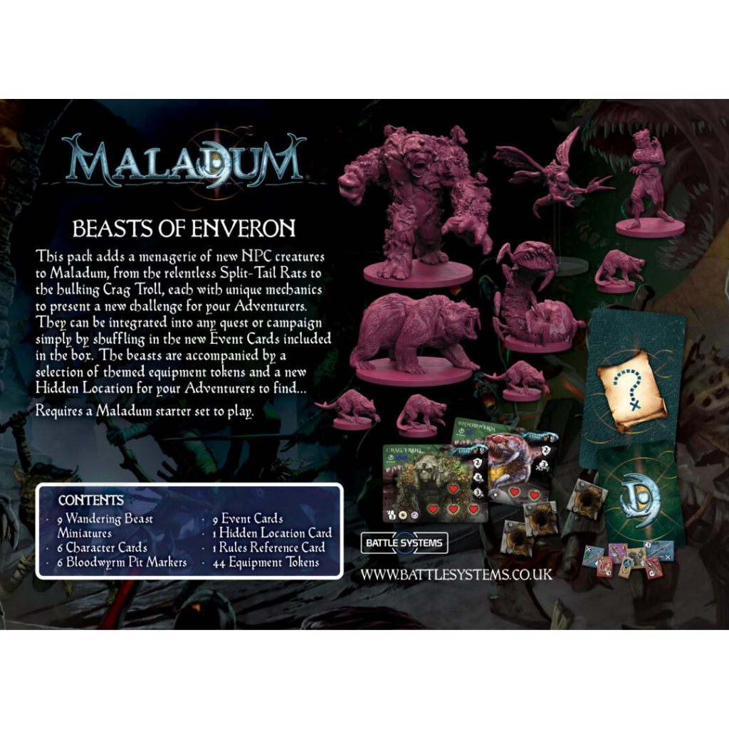 Maladum Beasts of Enveron – tył pudełka z opisem zestawu, listą zawartości i zdjęciem figurek BSGMDE004
