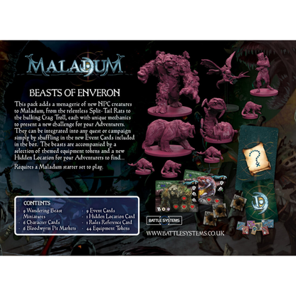 Maladum Beasts of Enveron – tył pudełka z opisem zestawu, listą zawartości i zdjęciem figurek BSGMDE004
