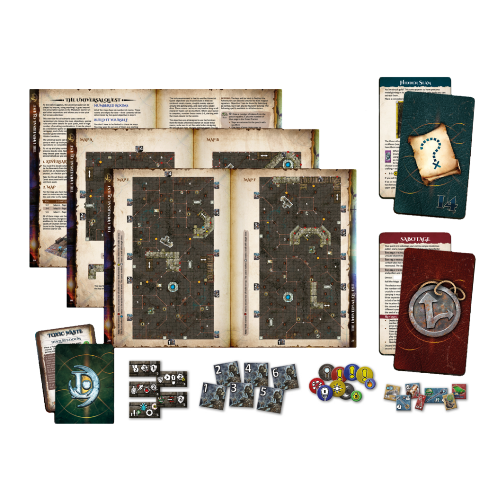 Maladum Beyond the Vaults – zawartość zestawu: karty, żetony, księga zasad
