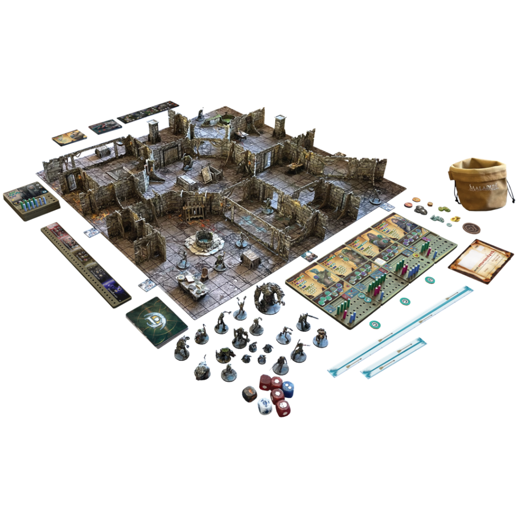 Maladum Dungeons of Enveron – rozłożona gra: arena 3D z figurkami, plansze, kości, żetony i woreczek
