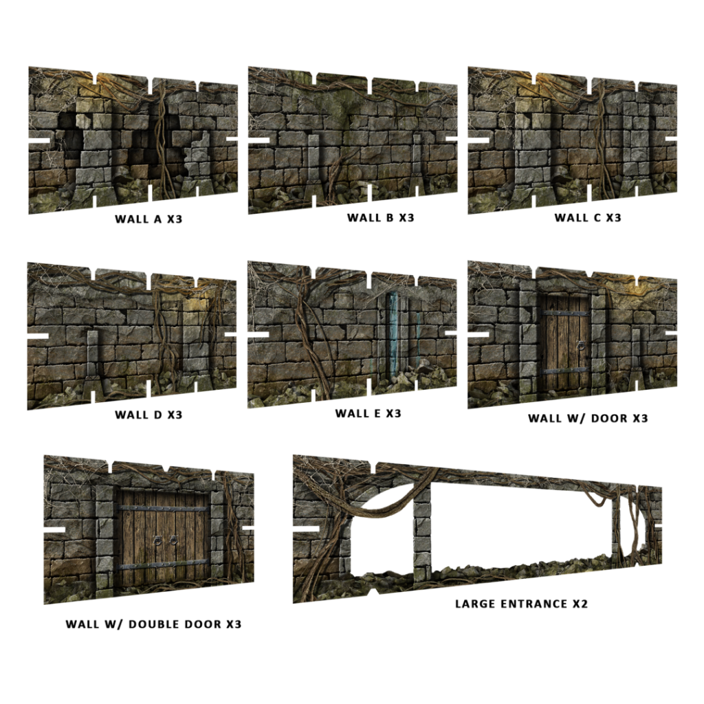 Maladum Dungeons of Enveron – 40 ścian terenu: Wall A-E x3, Wall z drzwiami x3, Wall z podwójnymi drzwiami x3, Large Entrance x2
