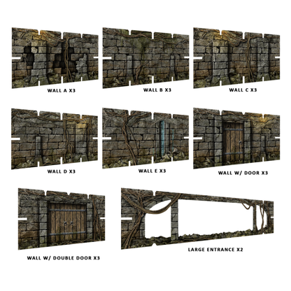 Maladum Dungeons of Enveron – 40 ścian terenu: Wall A-E x3, Wall z drzwiami x3, Wall z podwójnymi drzwiami x3, Large Entrance x2
