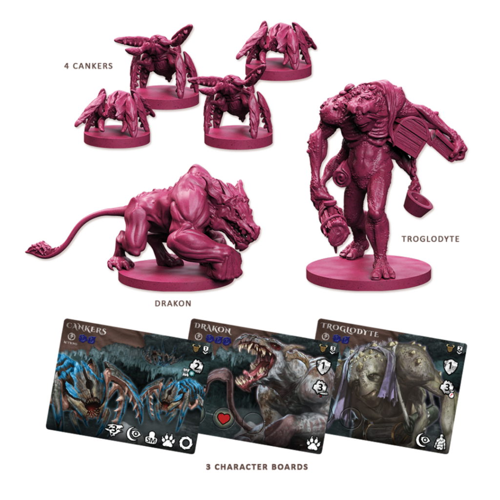 Maladum Dungeons of Enveron – 6 figurek Błąkających się Bestii: 4 Cankery, Drakon, Troglodyta z 3 planszami postaci
