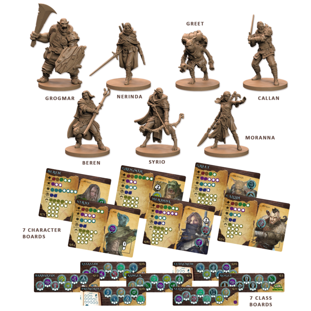 Maladum Dungeons of Enveron – 7 figurek Poszukiwaczy: Grogmar, Nerinda, Beren, Syrio, Greet, Callan, Moranna z 7 planszami postaci i 7 planszami klas
