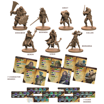 Maladum Dungeons of Enveron – 7 figurek Poszukiwaczy: Grogmar, Nerinda, Beren, Syrio, Greet, Callan, Moranna z 7 planszami postaci i 7 planszami klas
