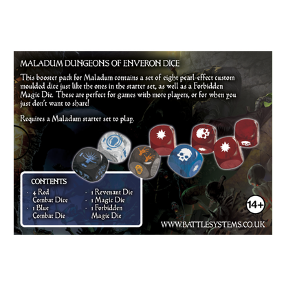 Maladum Dungeons of Enveron Dice – tył pudełka z listą zawartości: 4 Red Combat Dice, 1 Blue Combat Die, 1 Revenant Die, 1 Magic Die, 1 Forbidden Magic Die, Battle Systems