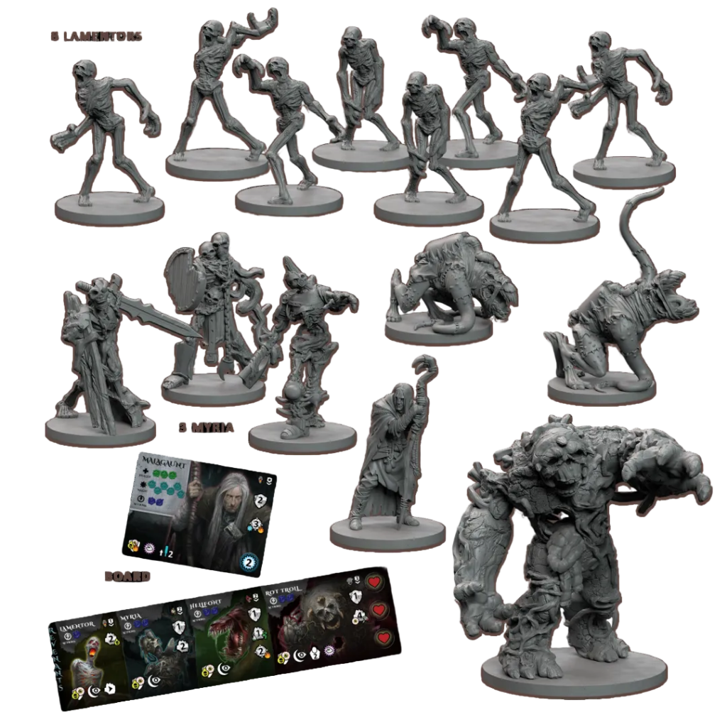 Maladum Dungeons of Enveron – elementy terenu: 8 pochodni, 4 skrzynie, 2 kufry, biurko, 2 stoły, 3 krzesła, studnia, 2 stojaki na broń, 4 dźwignie, 2 filary, 2 grobowce
