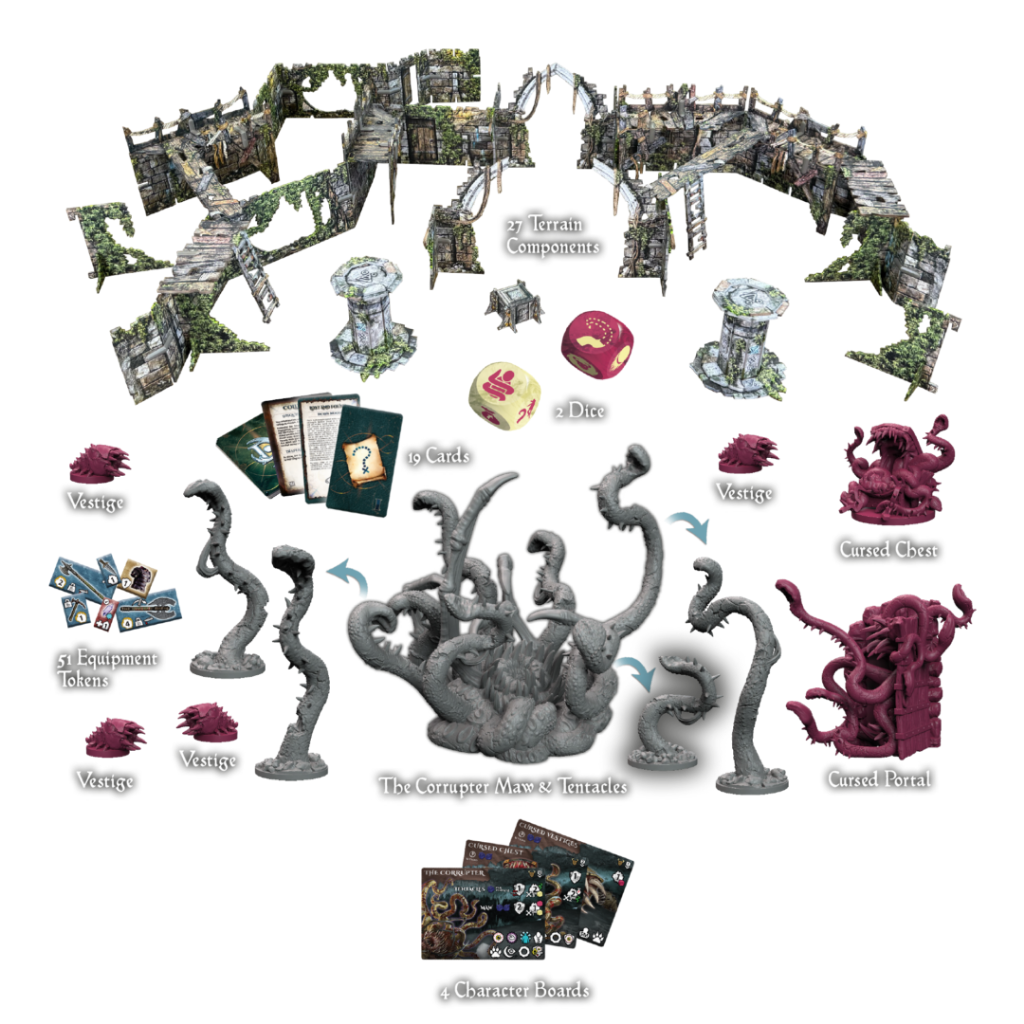 Maladum Oblivion's Maw – zawartość zestawu: The Corrupter Maw z 7 mackami, 6 Bestii, Cursed Chest, Cursed Portal, 4 Vestigi, 27 elementów terenu, karty, kości i żetony
