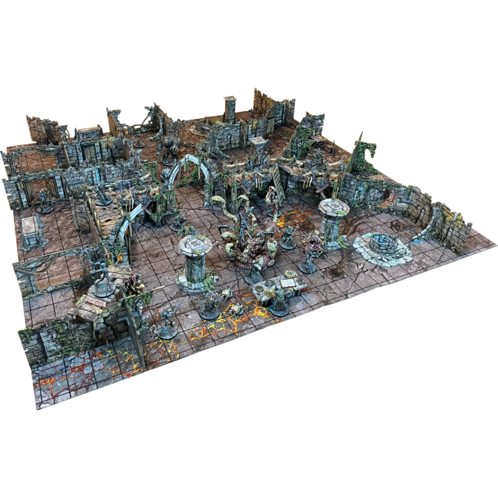 Maladum Oblivion's Maw – rozłożona arena 3D z figurkami Poszukiwaczy, Corrupterem i nowym terenem porośniętym bluszczem
